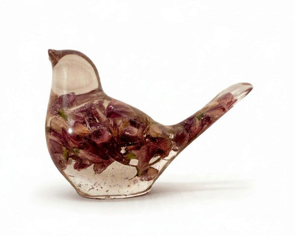 Purple lupine resin bird with real dried lupines in clear resin