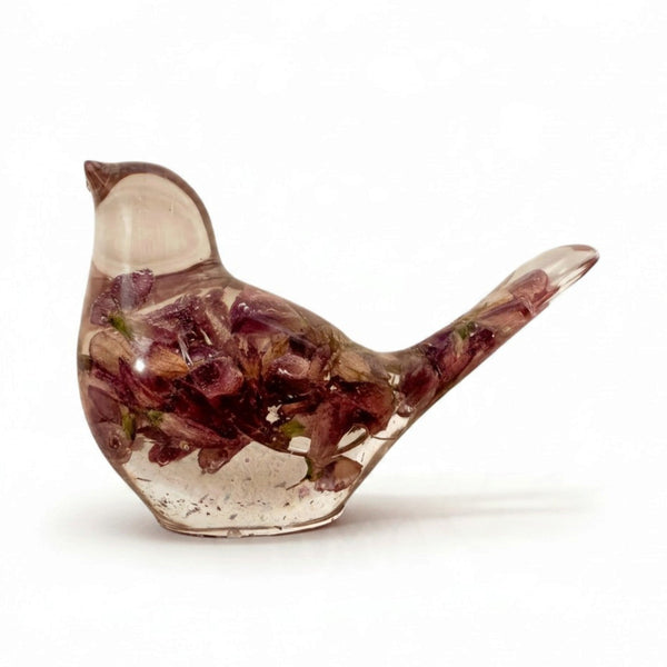 Purple lupine resin bird with real dried lupines in clear resin