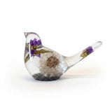 Handcrafted purple dandelion resin bird with real purple petals and dandelion seeds