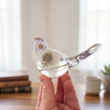 Purple dandelion resin bird with real purple flowers and dandelion seeds