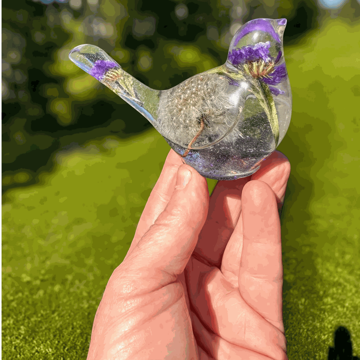 Purple dandelion resin bird with real purple petals and preserved dandelion seeds