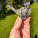 Purple dandelion resin bird with real purple petals and preserved dandelion seeds