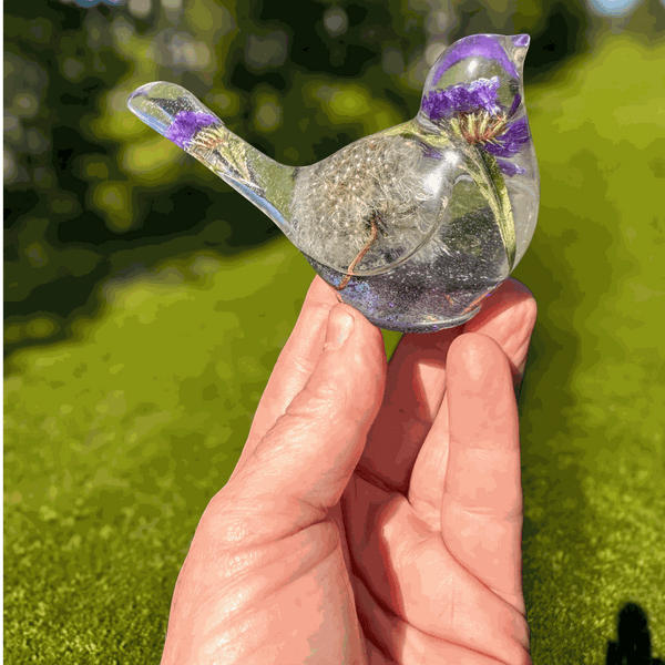 Purple dandelion resin bird with real purple petals and preserved dandelion seeds