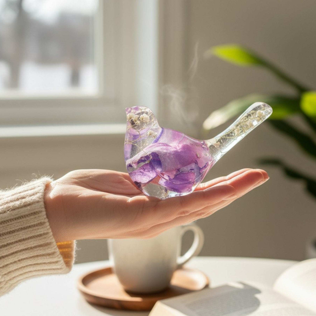 Violet Bloom Songbird | Purple Rose Petal Resin Bird Decor