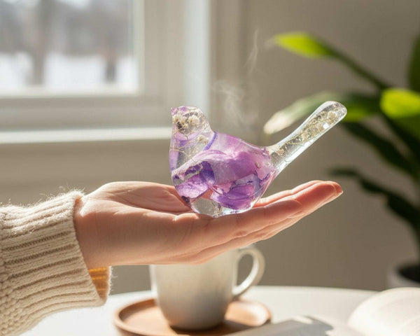 Violet Bloom Songbird | Purple Rose Petal Resin Bird Decor