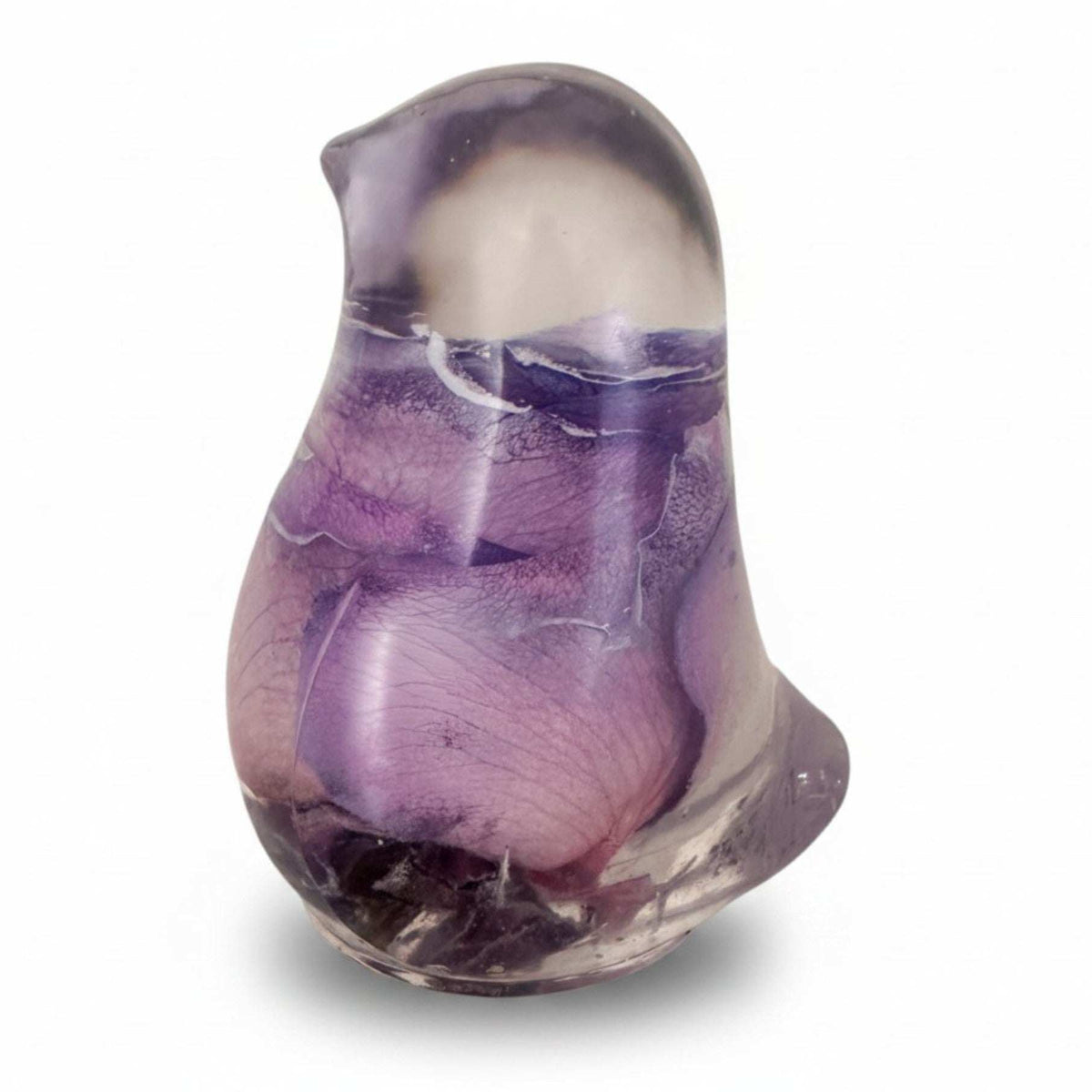 Purple rose preserved inside clear resin bird decor handcrafted in Canada