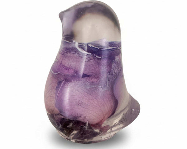 Purple rose preserved inside clear resin bird decor handcrafted in Canada