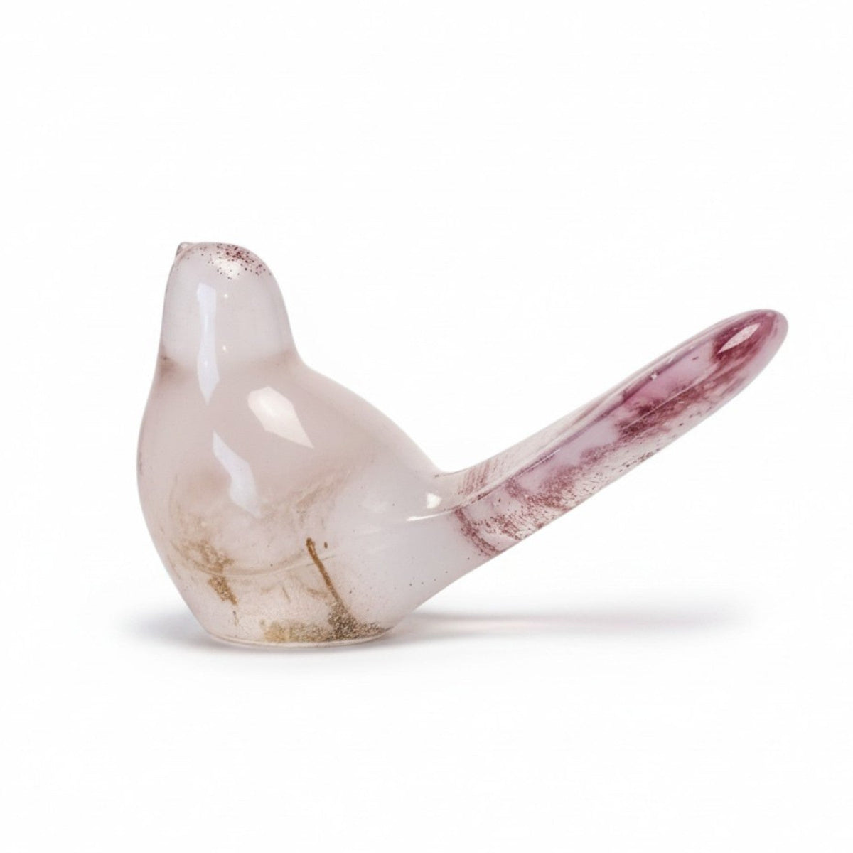 Glow in the Dark Resin Bird, milky white with violet glitter and a real dandelion puff inside its tail and base
