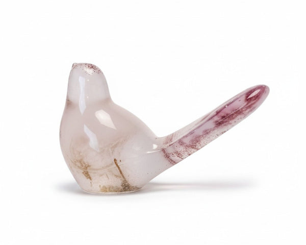 Glow in the Dark Resin Bird, milky white with violet glitter and a real dandelion puff inside its tail and base
