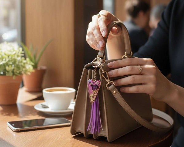 Purple Blossom Heart Bag Charm | Pressed Flower Resin Charm