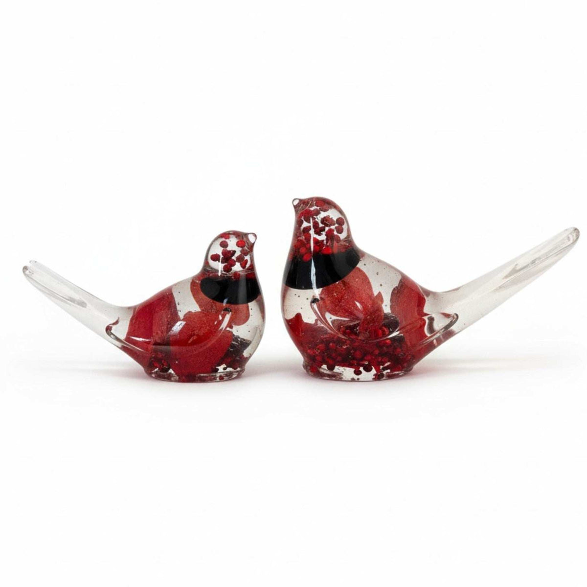 Scarlet Hearts resin bird pair with real roses and red heart glitter, handmade in Canada
