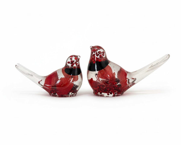Scarlet Hearts resin bird pair with real roses and red heart glitter, handmade in Canada