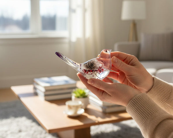 ed Wishes Songbird dandelion resin bird decor on a bright windowsill catching the light
