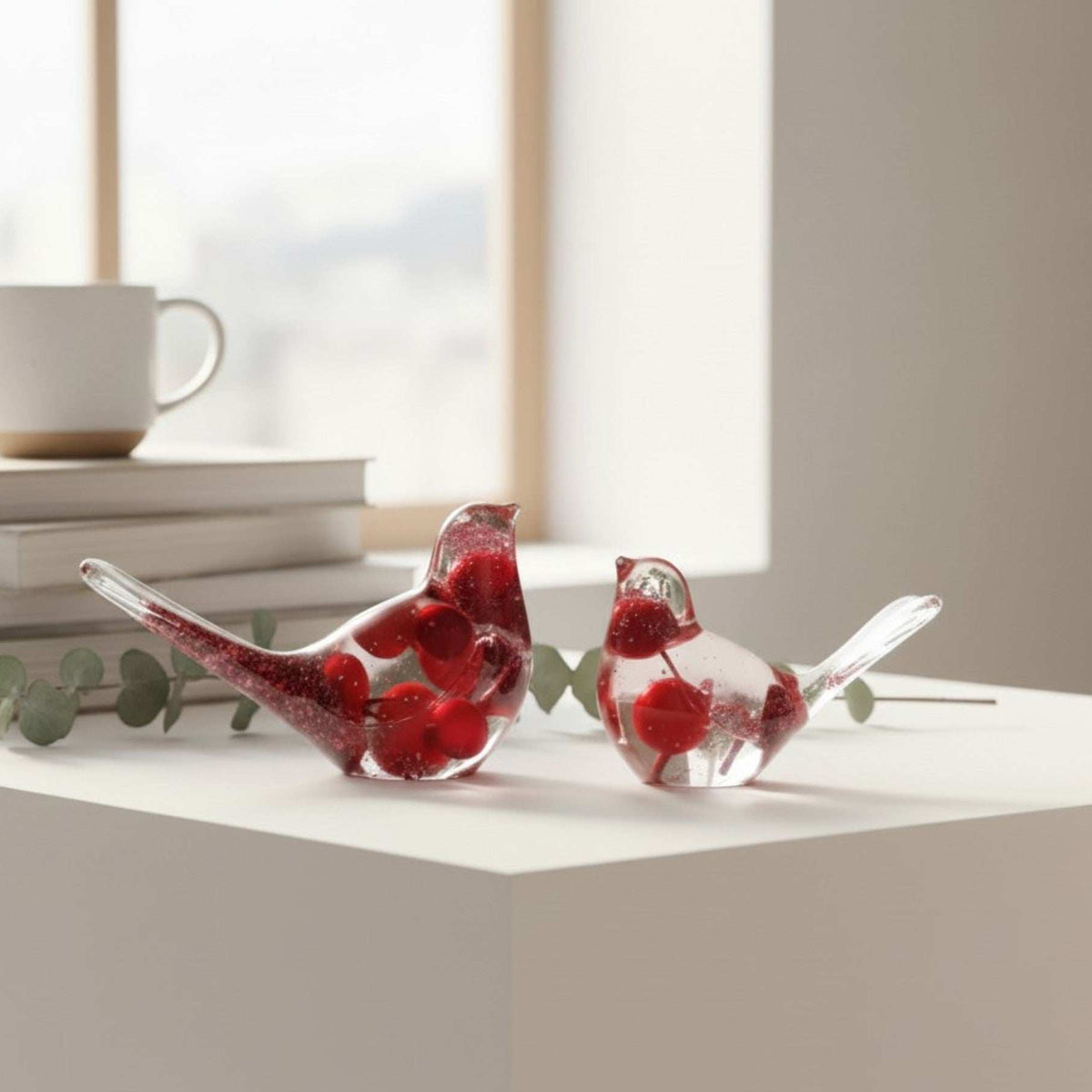 Berry Bright Duo red berry resin bird pair displayed together on a white shelf with eucalyptus