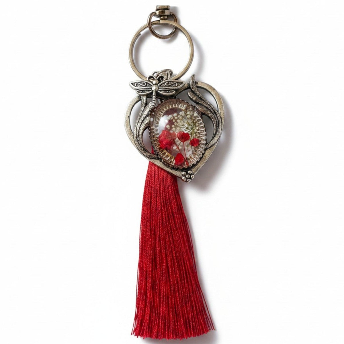 Scarlet Heart Bag Charm floral heart bag charm handmade with real dried red flowers dragonfly charm and red tassel