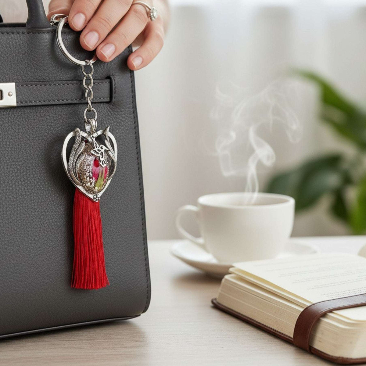 Scarlet Heart Bag Charm floral heart bag charm handmade with real dried red flowers dragonfly charm and red tassel