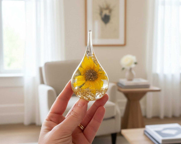 Summer Soltice Sunflower resin ring holder featuring a real yellow sunflower and gold leaf accents.