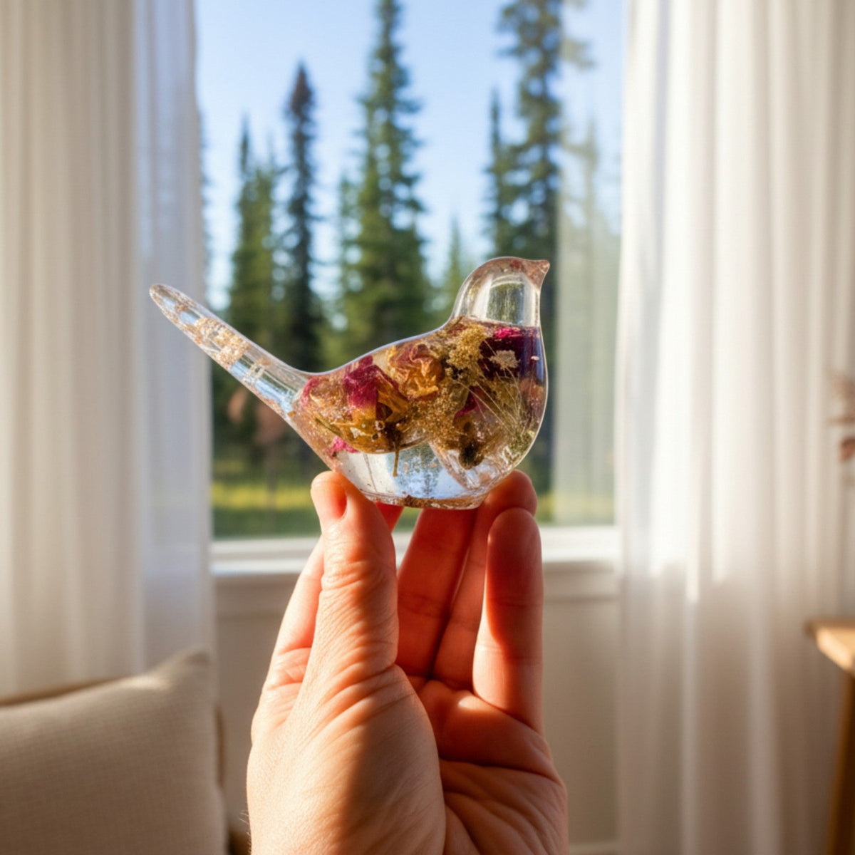 Eternal Rose Bird - Handmade Resin Bird with Real Flowers & Gold Leaf