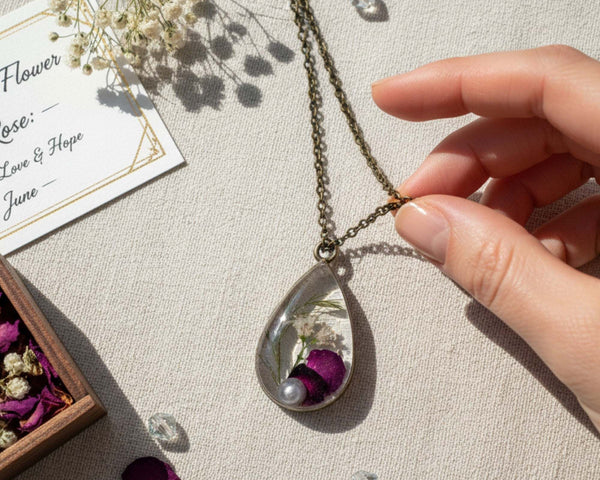 Birth Month Teardrop Pendant -Custom Order Real Pressed Flower Jewelry