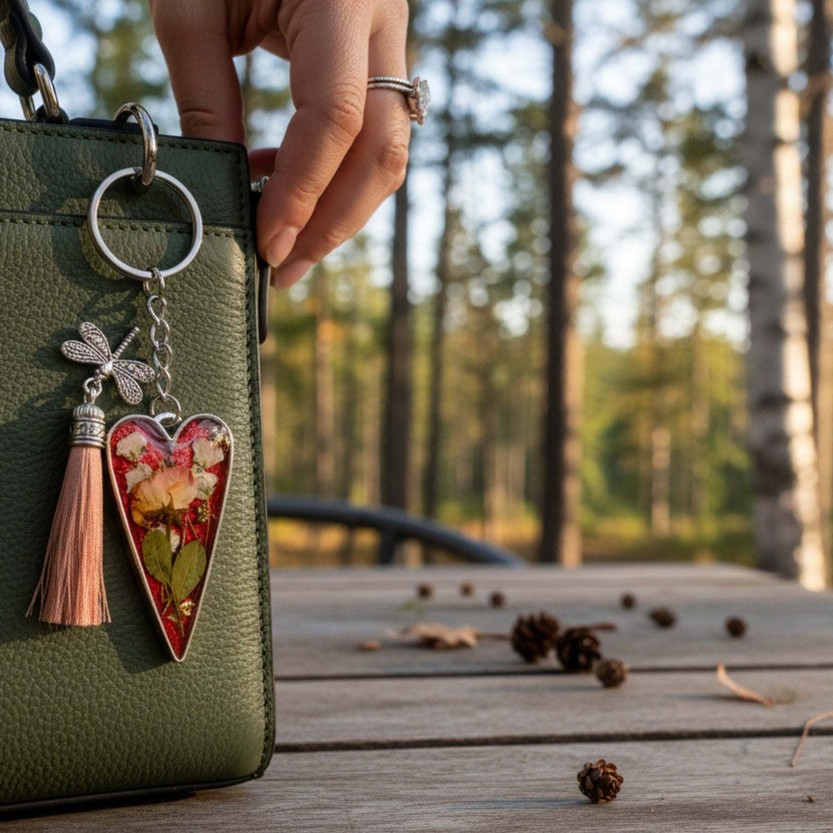 Handmade floral heart bag charm keychain styled on a leather handbag to show size and movement.