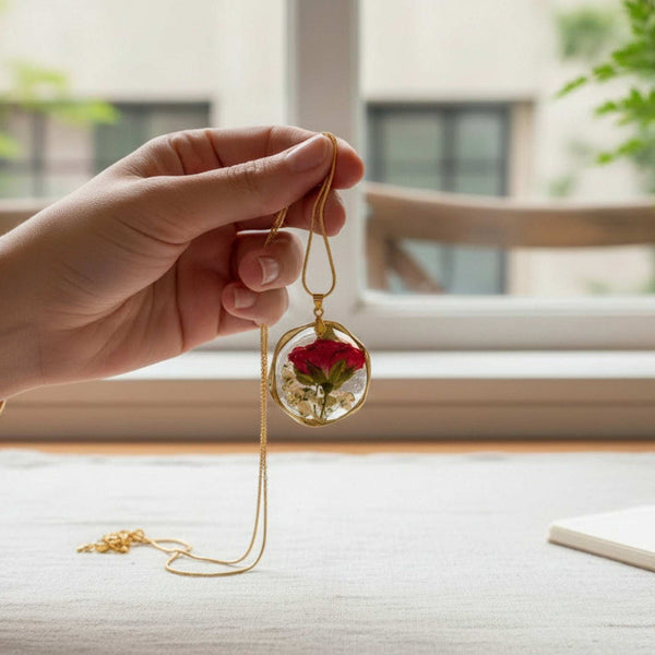 Eternal Rose & Gold Leaf Pendant | Handmade Real Floral Resin Jewelry