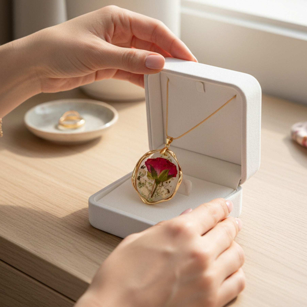 Eternal Rose & Gold Leaf Pendant | Handmade Real Floral Resin Jewelry