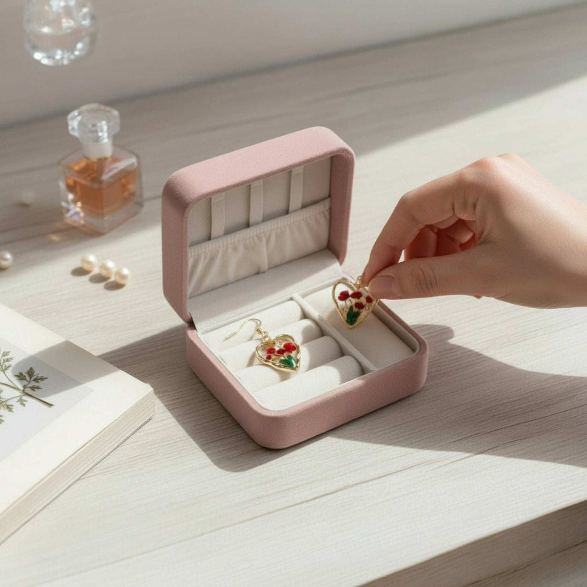 Rose Bouquet Handmade Gold Heart Earrings | Real Flowers & Gold Leaf