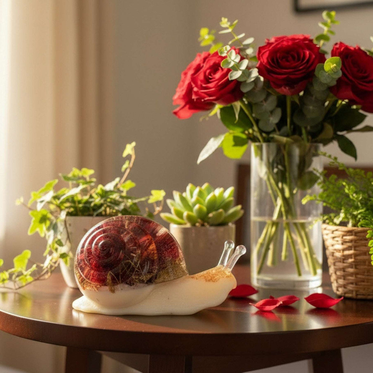 Handmade Rose Resin Snail Statue | Botanical Real Flower Home Decor