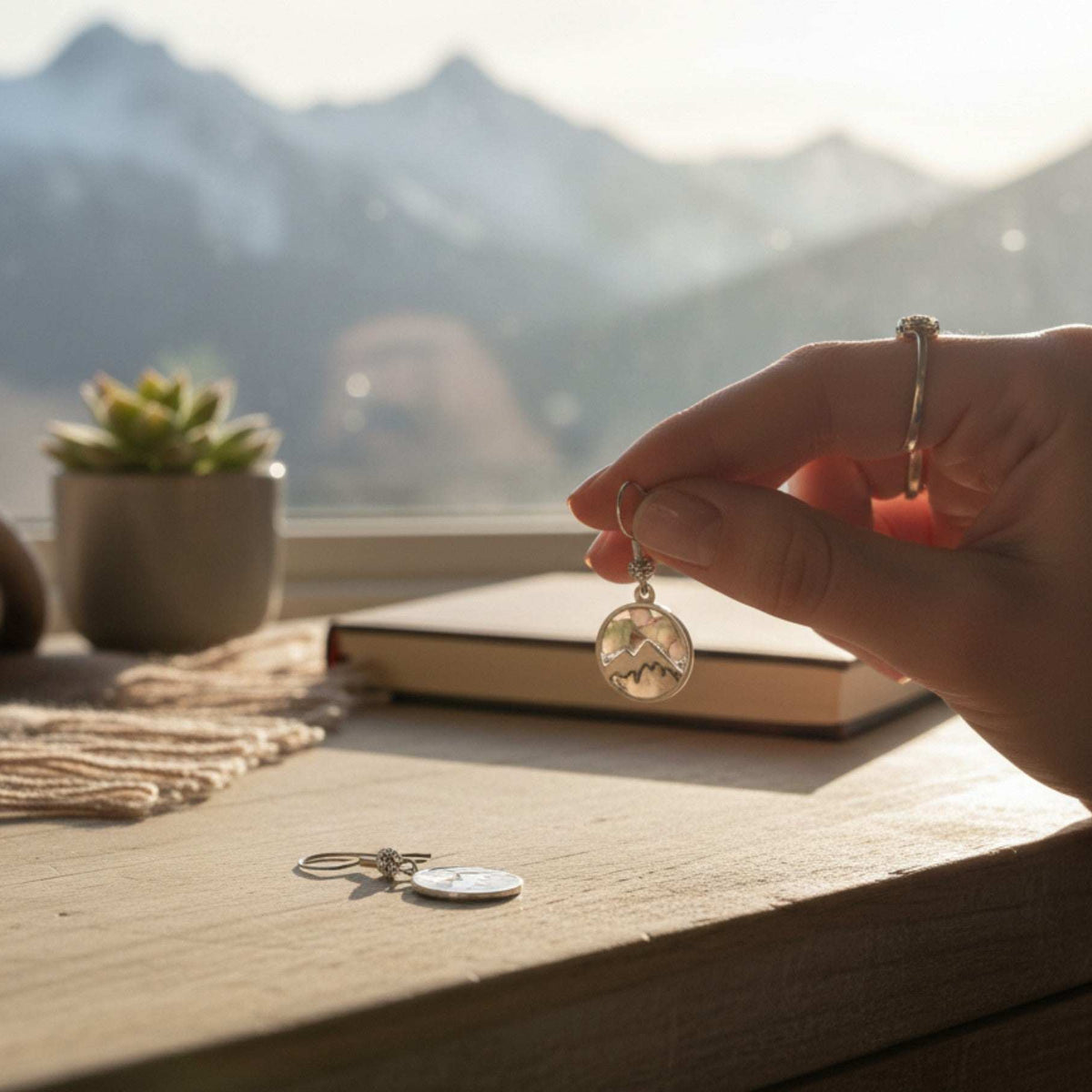 Handmade Silver Mountain Peak Silhouette Earrings with Northern Lights