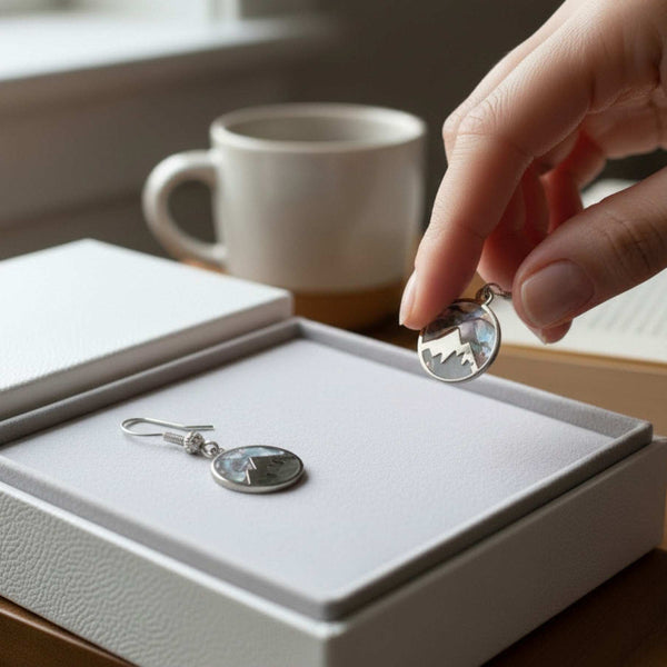 Handmade Silver Mountain Peak Silhouette Earrings with Northern Lights