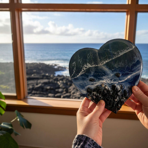 Midnight Tide Heart Art | Black Glass Beach & Deep Blue Resin Ocean