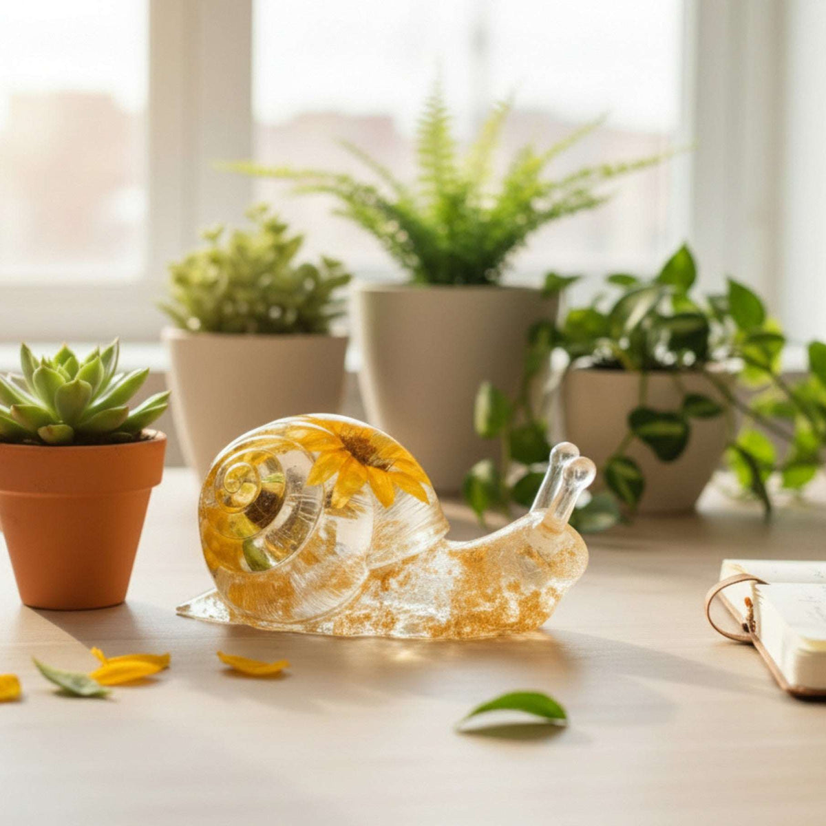 Handmade Sunflower Bloom Snail | Preserved Sunflower Resin Sculpture