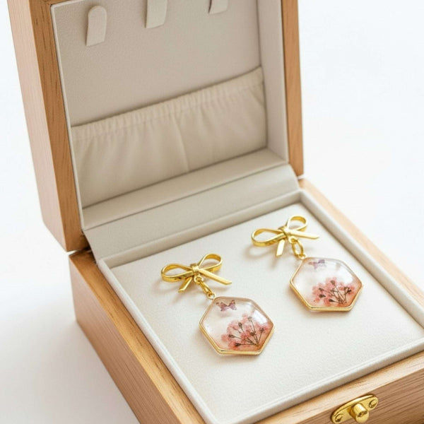 Pink Butterfly & Boreal Spring Bloom Handmade Hexagon Earrings