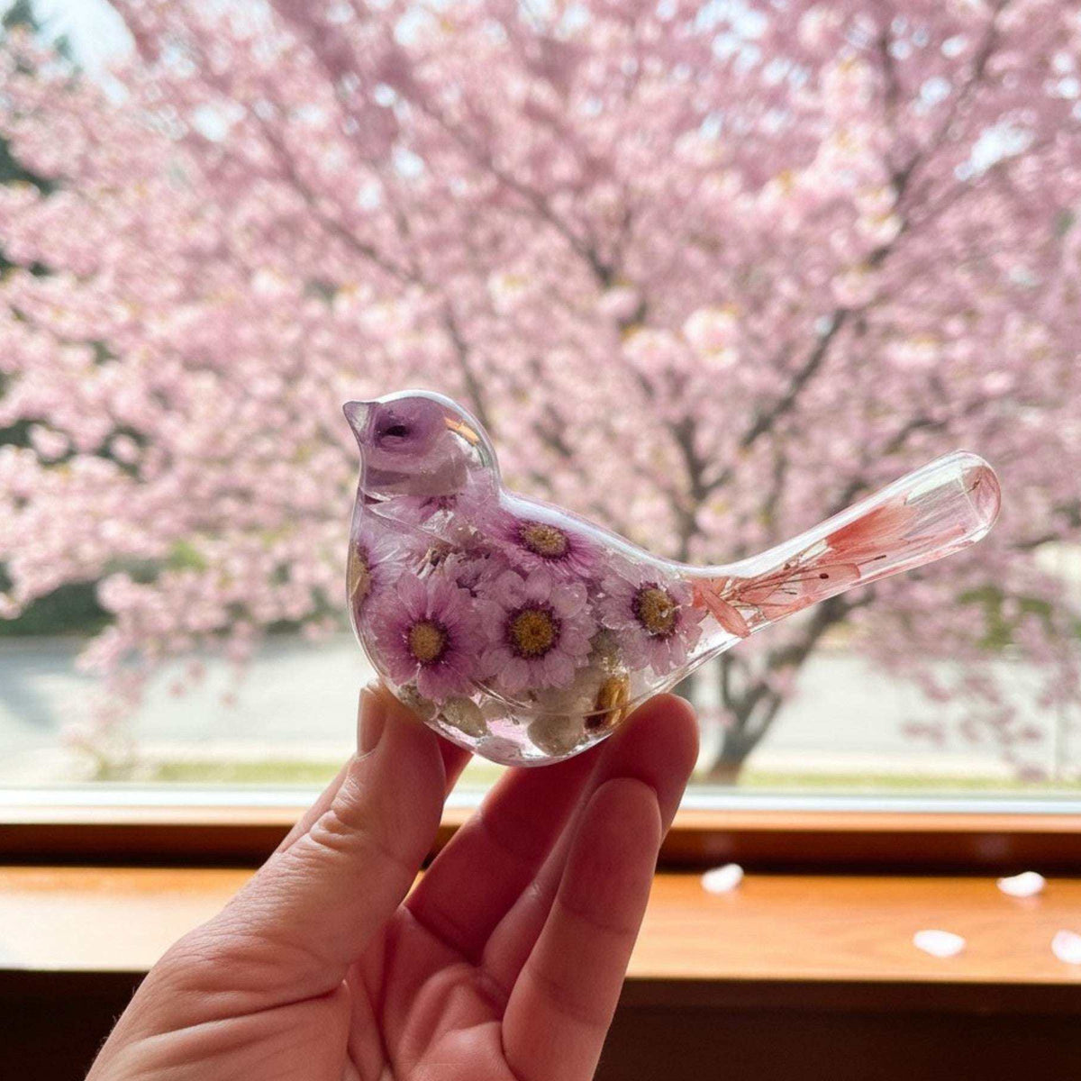 Pink Blossom botanical resin bird with real flowers and fluorite stones