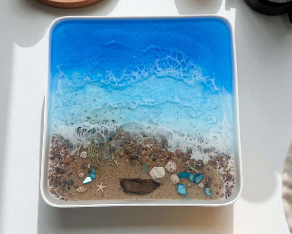 Ocean Dreams Porcelain Tray - Handmade Resin Ocean Tray with Seashells