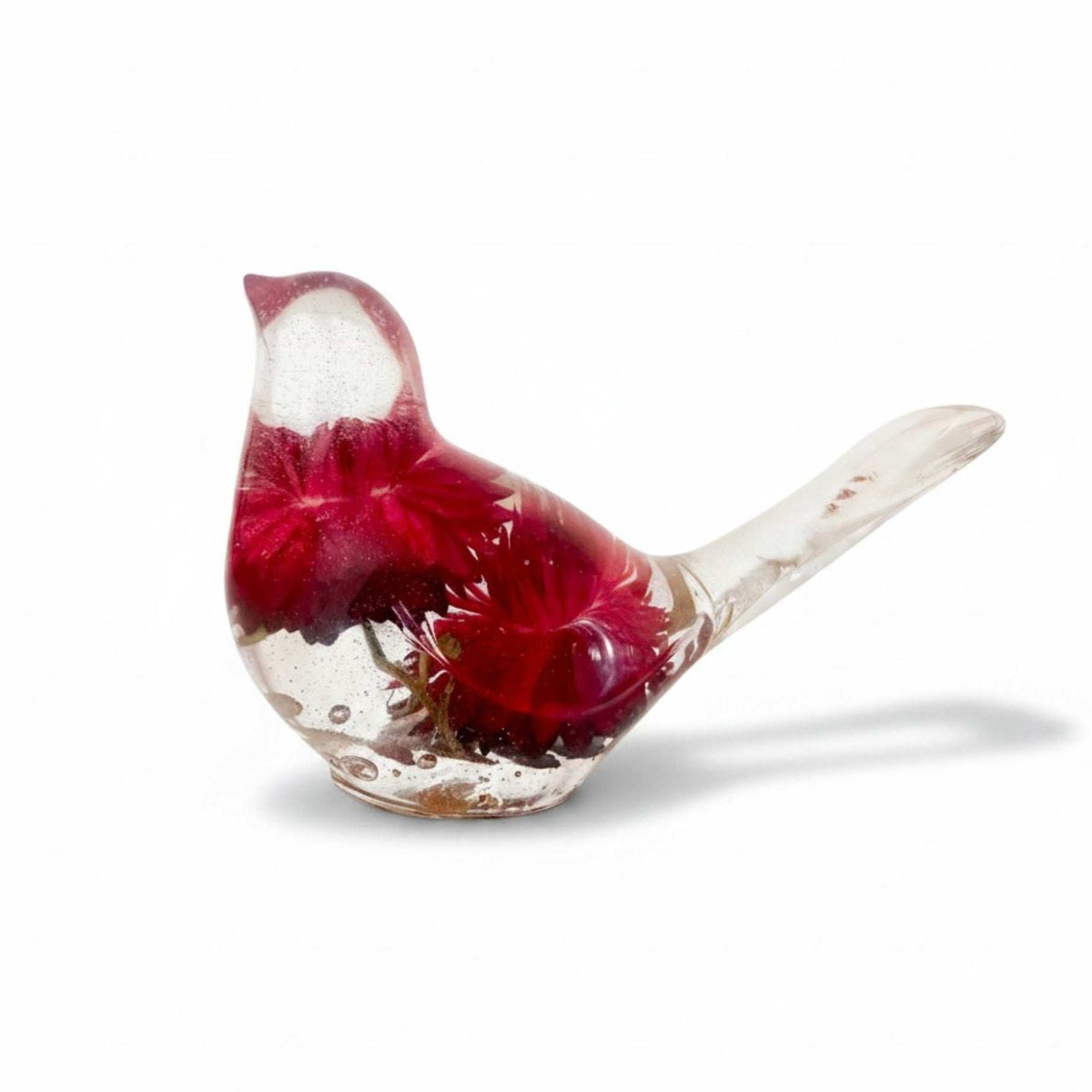 Handmade Crimson Meadow Songbird decor with deep pink strawflowers and green fern preserved in clear resin