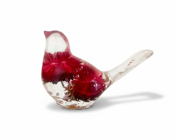 Handmade Crimson Meadow Songbird decor with deep pink strawflowers and green fern preserved in clear resin