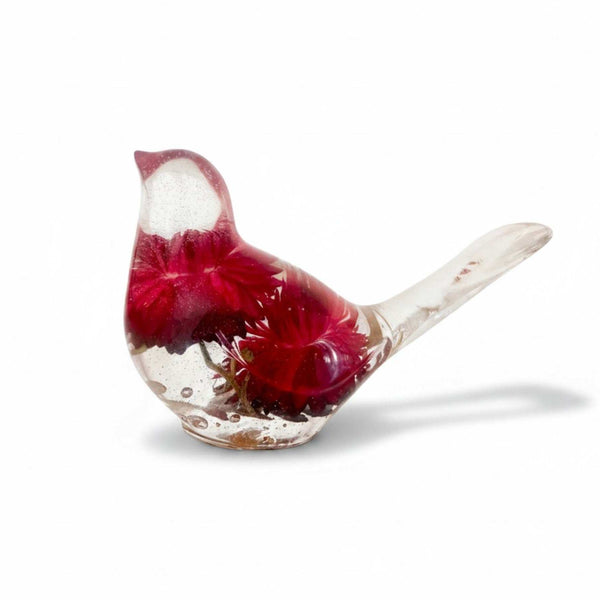 Handmade Crimson Meadow Songbird decor with deep pink strawflowers and green fern preserved in clear resin