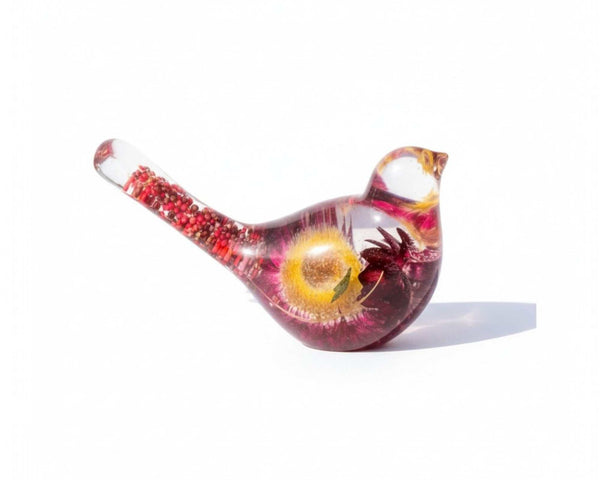 Strawflower & Berry Resin Birds -Autumn Nature Decor with Real Flowers