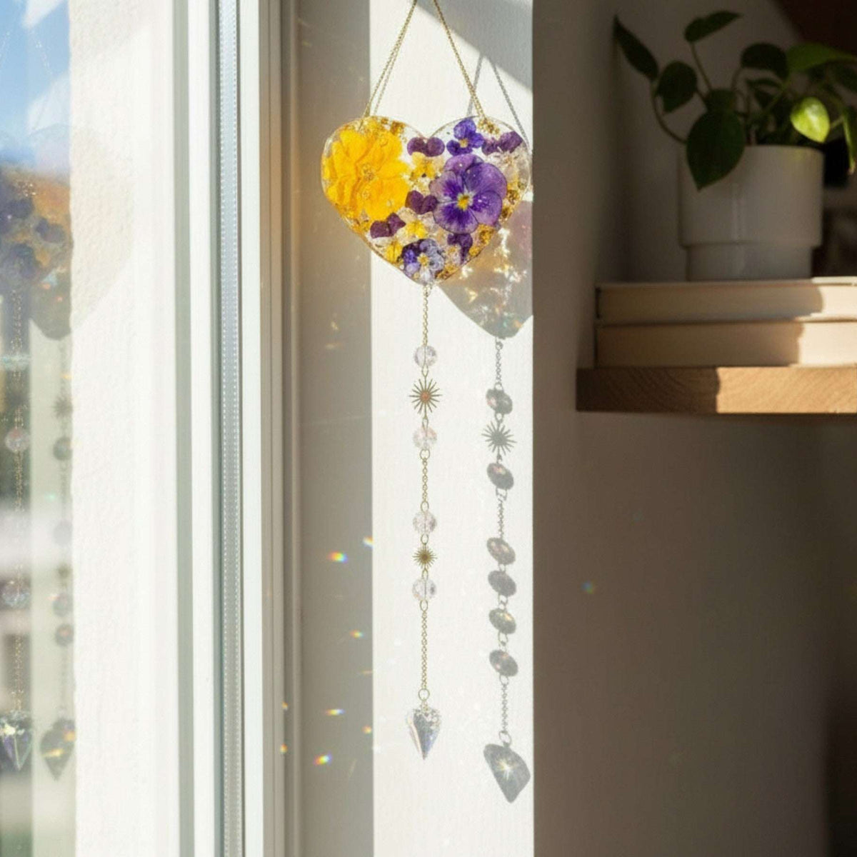 Botanical Heart Suncatcher | Handmade Pressed Purple Pansy & Gold Leaf