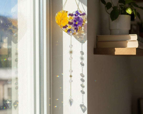 Botanical Heart Suncatcher | Handmade Pressed Purple Pansy & Gold Leaf