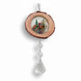 Suncatcher with a natural wood slice frame, miniature mushroom and fern scene, and clear faceted crystal drops