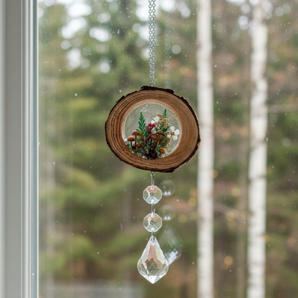 Suncatcher with a natural wood slice, clear resin woodland botanicals, and faceted crystal prisms hanging below