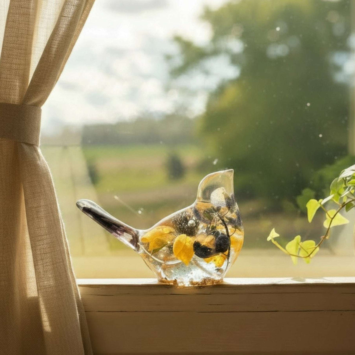 Sunflower lupine resin bird decor with clear resin, yellow flowers, dark centres, and purple petals in its tail.
