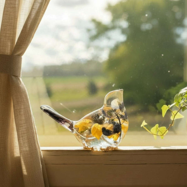 Sunflower lupine resin bird decor with clear resin, yellow flowers, dark centres, and purple petals in its tail.