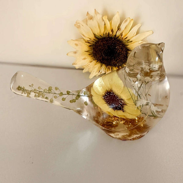 Sunflower Sunny Songbird - Handmade Pressed Flower Resin Bird Decor