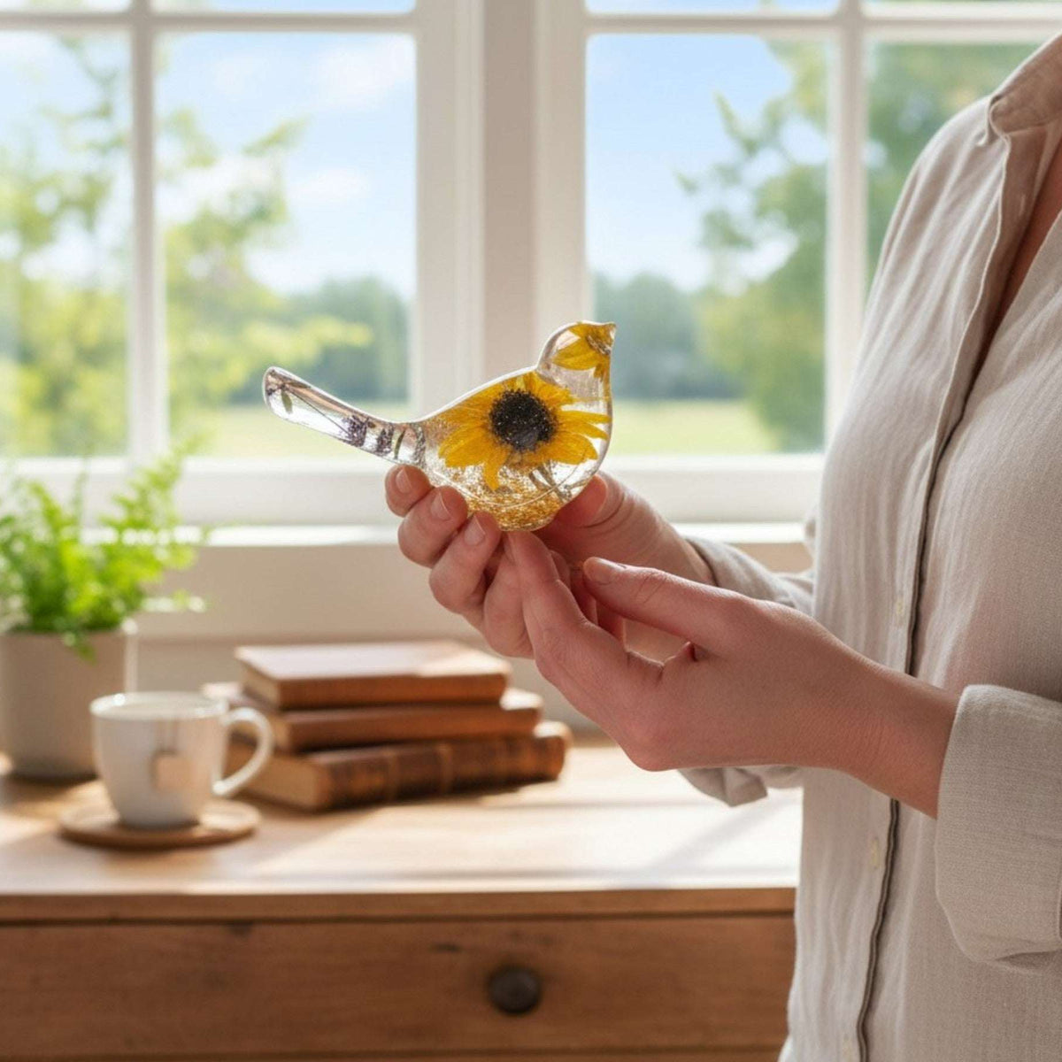 Sun-Kissed Songbird sunflower resin bird decor with real dried sunflower and gold leaf base