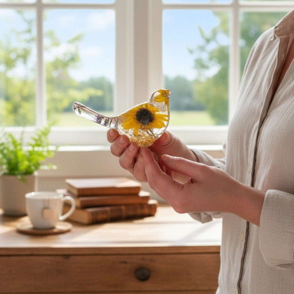 Sun-Kissed Songbird sunflower resin bird decor with real dried sunflower and gold leaf base