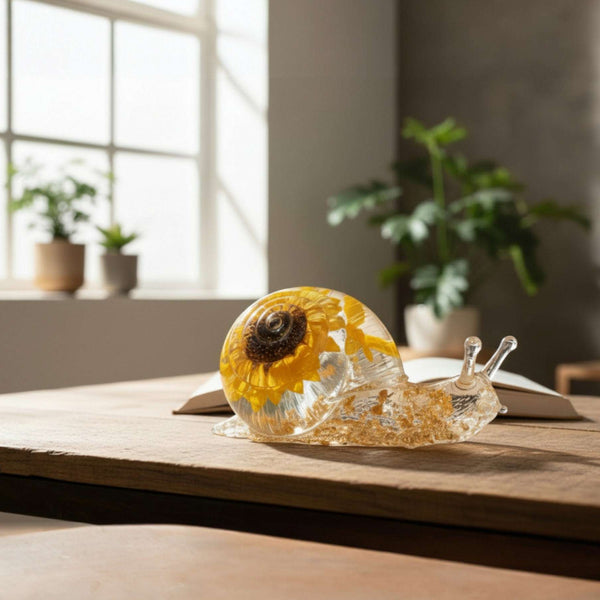 Handmade Sunflower Bloom Snail | Preserved Sunflower Resin Sculpture