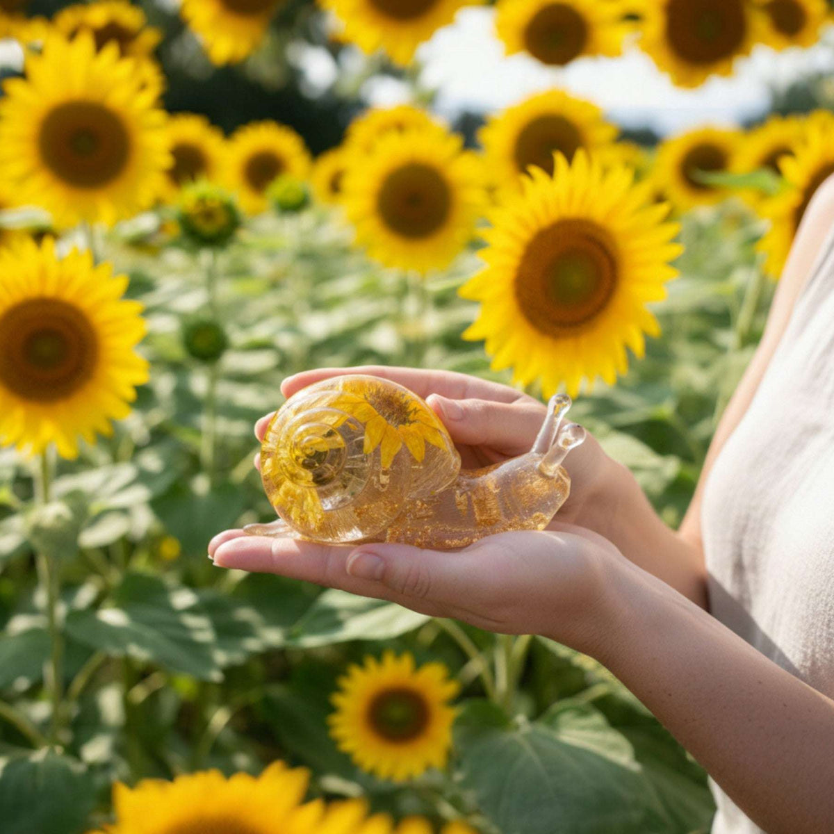 Handmade Sunflower Bloom Snail | Preserved Sunflower Resin Sculpture